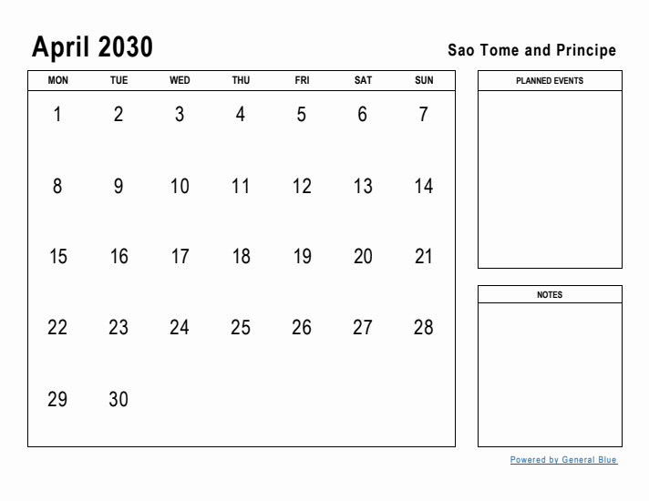 April 2030 Printable Monthly Calendar with Sao Tome and Principe Holidays