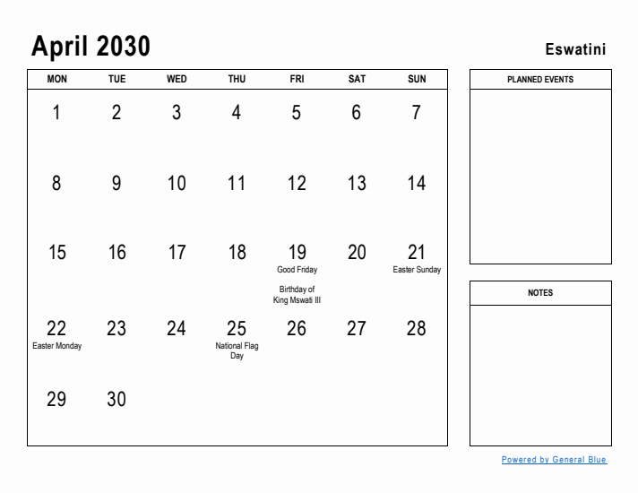 April 2030 Printable Monthly Calendar with Eswatini Holidays