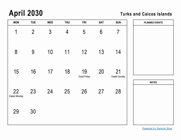 April 2030 Printable Monthly Calendar with Turks and Caicos Islands Holidays
