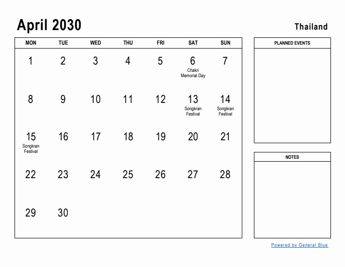April 2030 Printable Monthly Calendar with Thailand Holidays