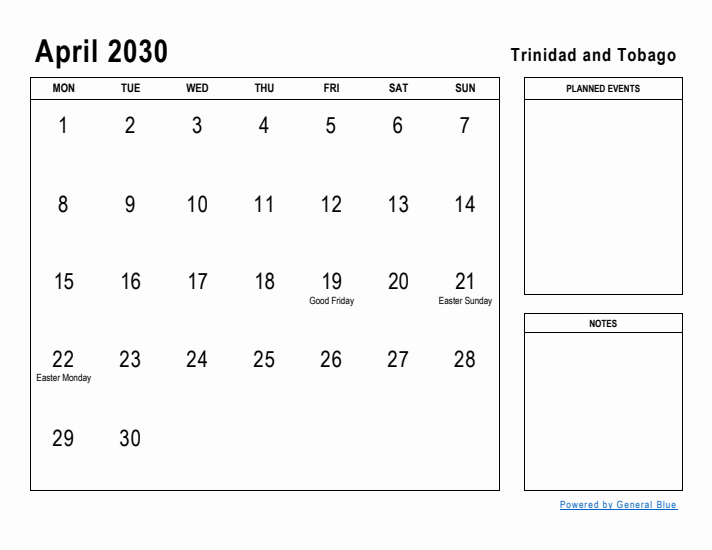April 2030 Printable Monthly Calendar with Trinidad and Tobago Holidays