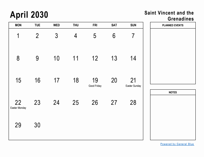 April 2030 Printable Monthly Calendar with Saint Vincent and the Grenadines Holidays