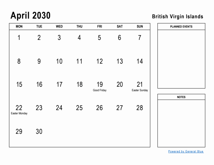 April 2030 Printable Monthly Calendar with British Virgin Islands Holidays