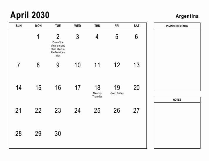 April 2030 Printable Monthly Calendar with Argentina Holidays