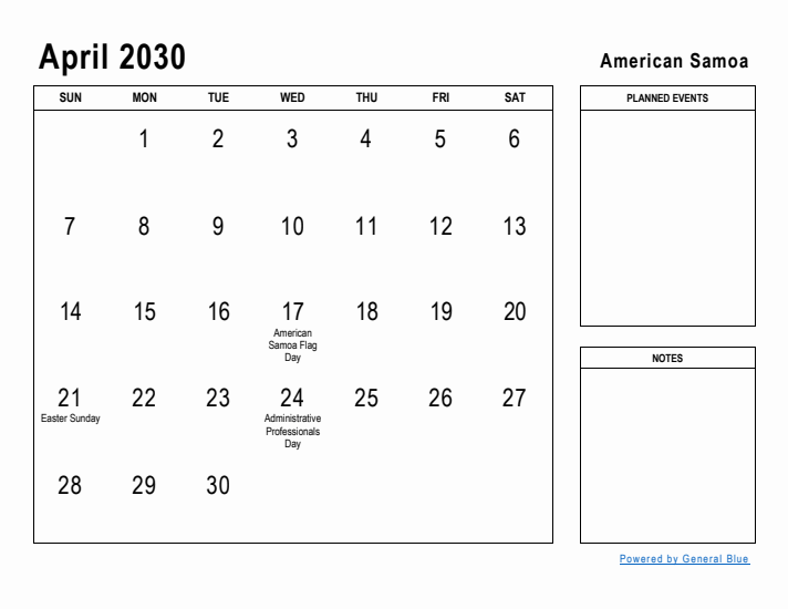 April 2030 Printable Monthly Calendar with American Samoa Holidays