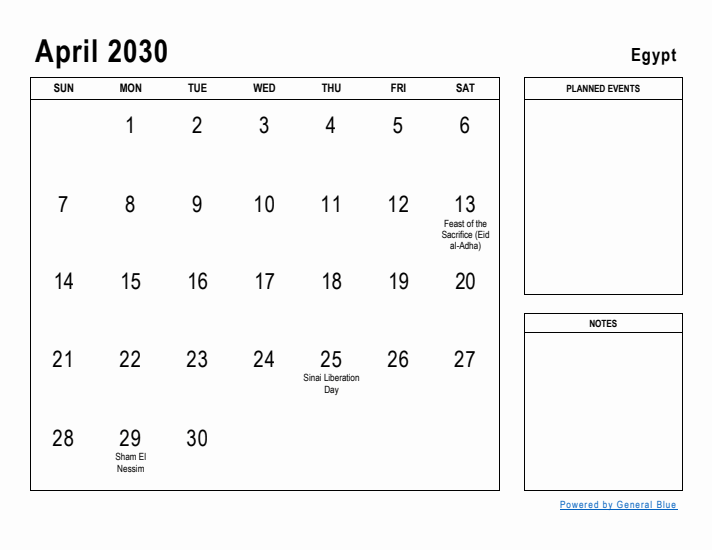 April 2030 Printable Monthly Calendar with Egypt Holidays