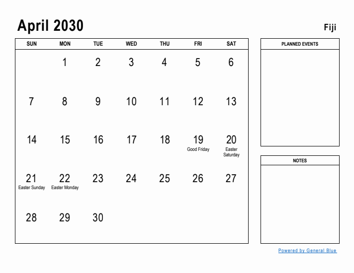 April 2030 Printable Monthly Calendar with Fiji Holidays