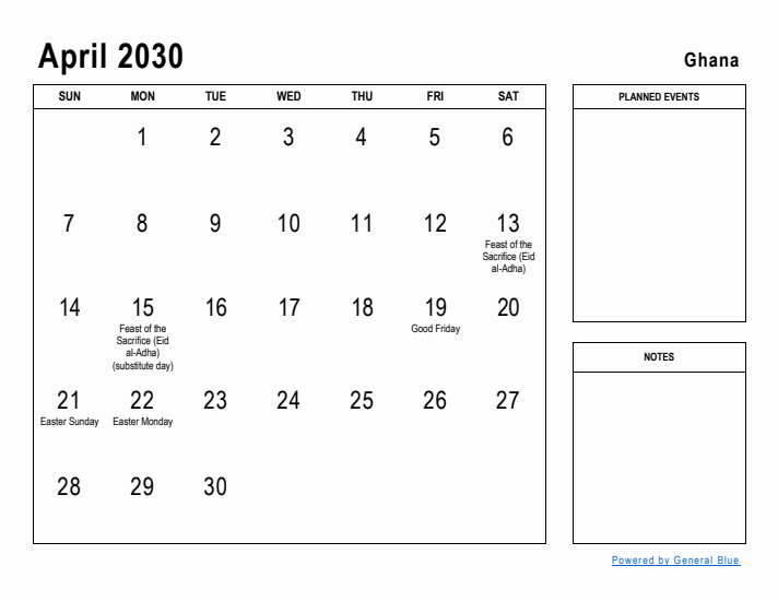 April 2030 Printable Monthly Calendar with Ghana Holidays