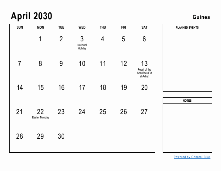 April 2030 Printable Monthly Calendar with Guinea Holidays
