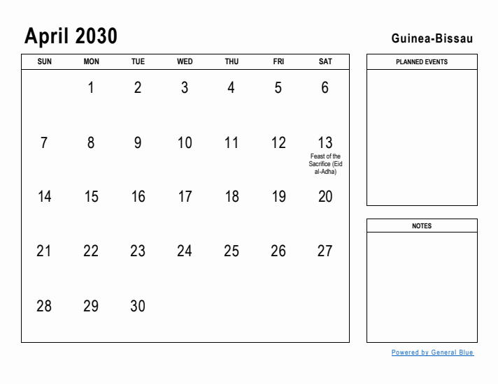 April 2030 Printable Monthly Calendar with Guinea-Bissau Holidays