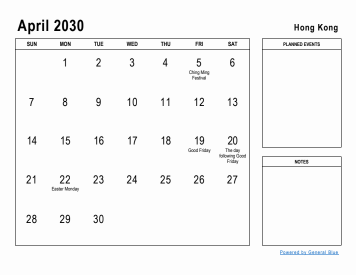 April 2030 Printable Monthly Calendar with Hong Kong Holidays