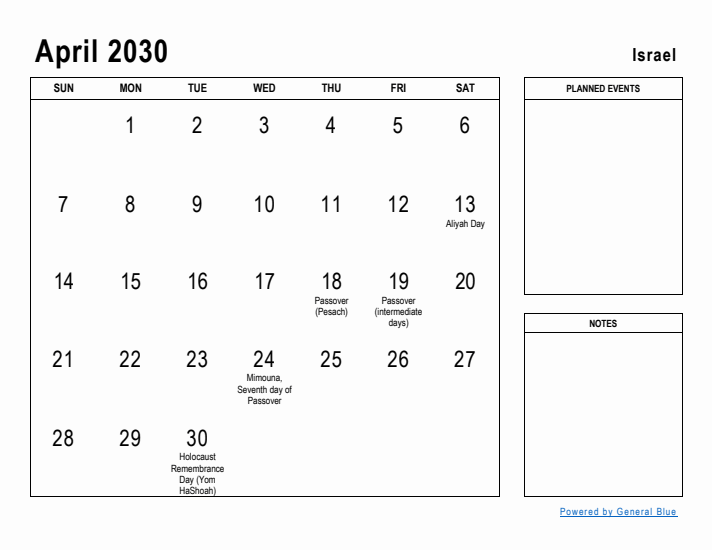 April 2030 Printable Monthly Calendar with Israel Holidays