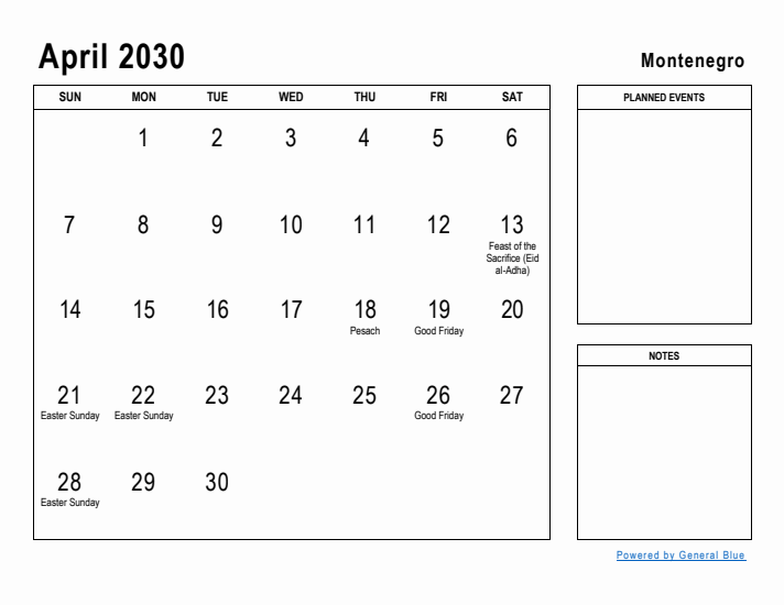 April 2030 Printable Monthly Calendar with Montenegro Holidays
