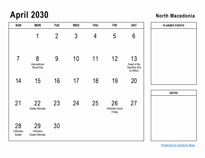 April 2030 Printable Monthly Calendar with North Macedonia Holidays
