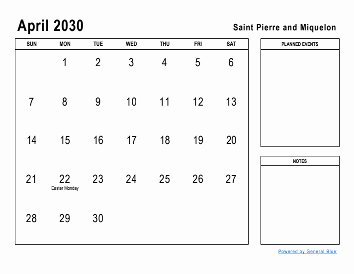 April 2030 Printable Monthly Calendar with Saint Pierre and Miquelon Holidays