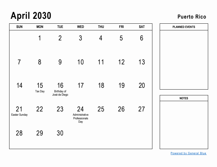 April 2030 Printable Monthly Calendar with Puerto Rico Holidays