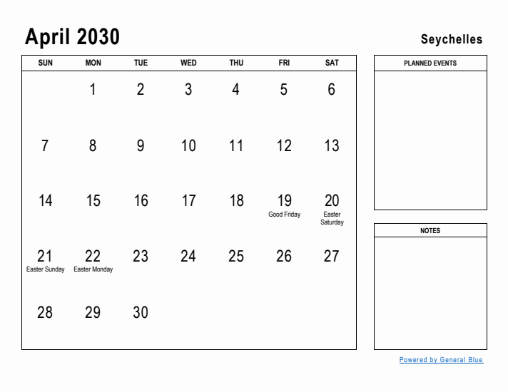 April 2030 Printable Monthly Calendar with Seychelles Holidays