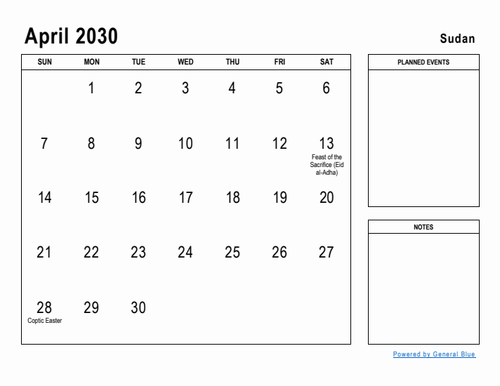 April 2030 Printable Monthly Calendar with Sudan Holidays