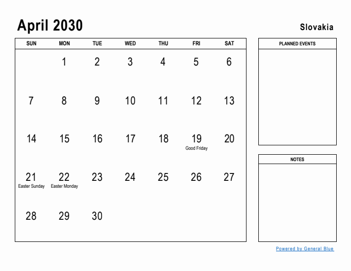 April 2030 Printable Monthly Calendar with Slovakia Holidays