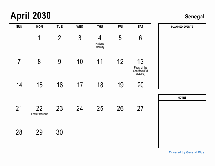 April 2030 Printable Monthly Calendar with Senegal Holidays