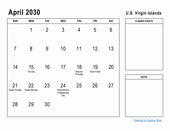April 2030 Printable Monthly Calendar with U.S. Virgin Islands Holidays