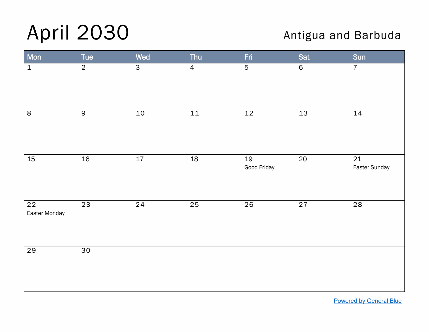 April 2030 Simple Monthly Calendar for Antigua and Barbuda