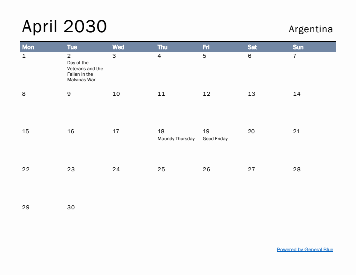 April 2030 Simple Monthly Calendar for Argentina