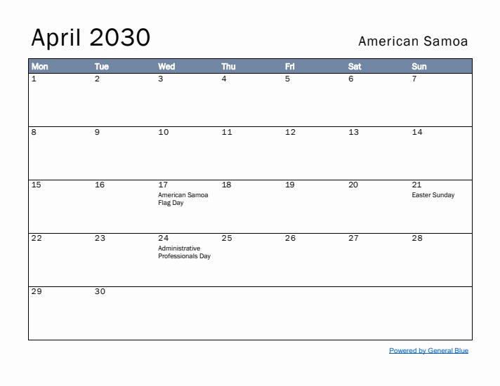 April 2030 Simple Monthly Calendar for American Samoa