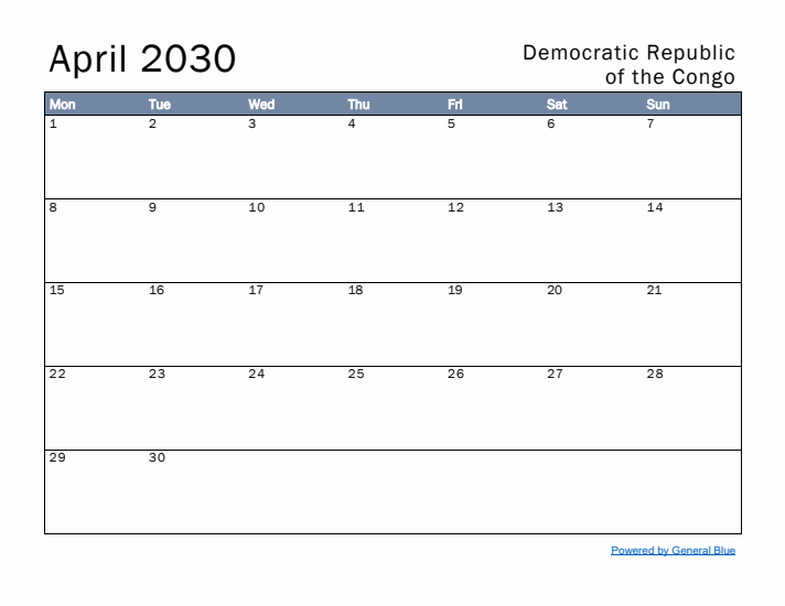 April 2030 Simple Monthly Calendar for Democratic Republic of the Congo
