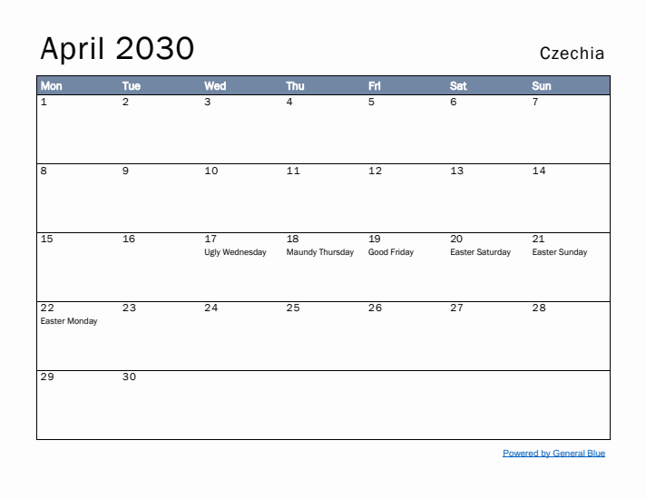 April 2030 Simple Monthly Calendar for Czechia