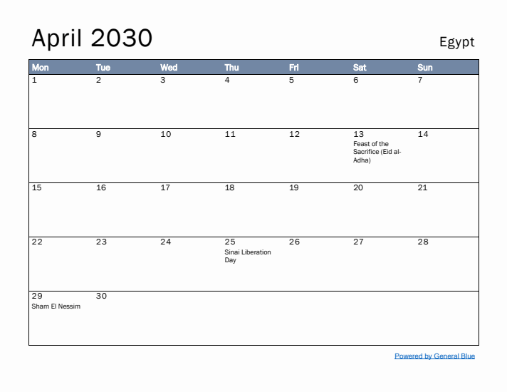 April 2030 Simple Monthly Calendar for Egypt