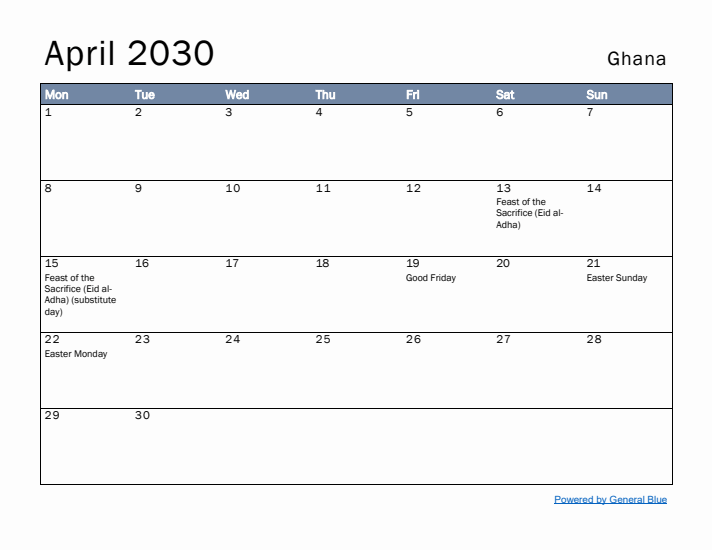 April 2030 Simple Monthly Calendar for Ghana