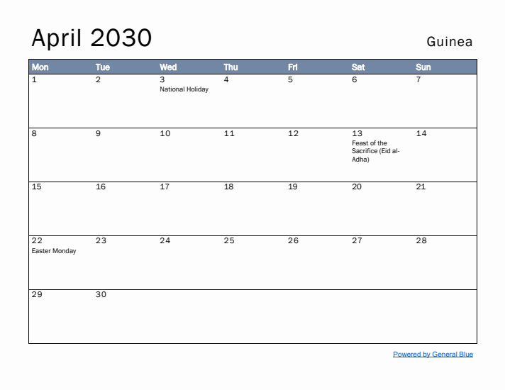 April 2030 Simple Monthly Calendar for Guinea