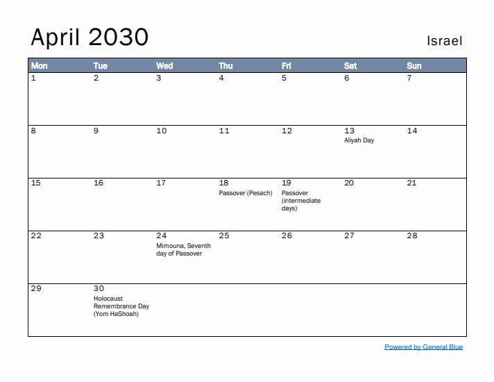 April 2030 Simple Monthly Calendar for Israel