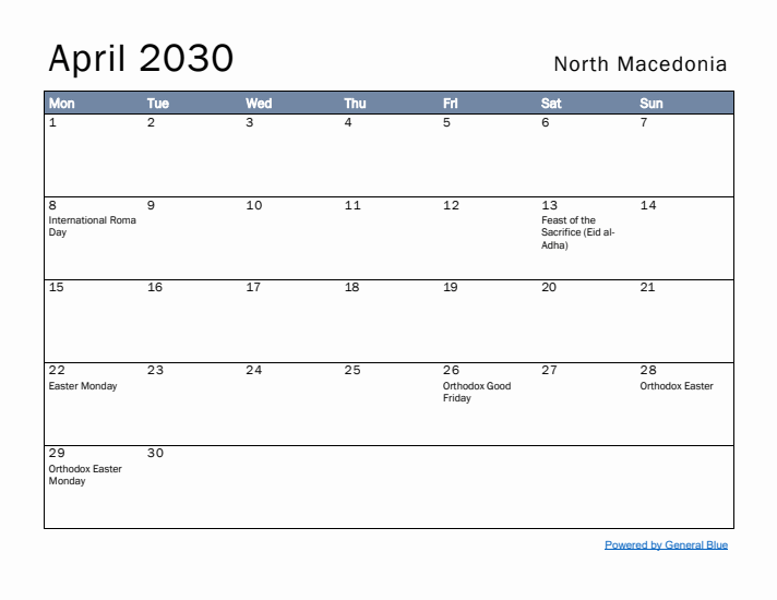 April 2030 Simple Monthly Calendar for North Macedonia