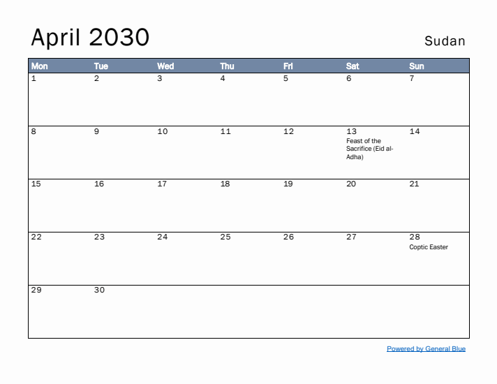 April 2030 Simple Monthly Calendar for Sudan