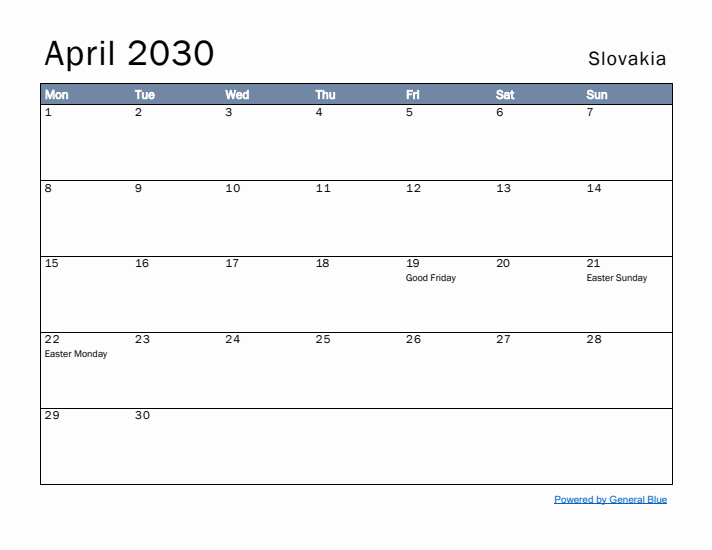 April 2030 Simple Monthly Calendar for Slovakia