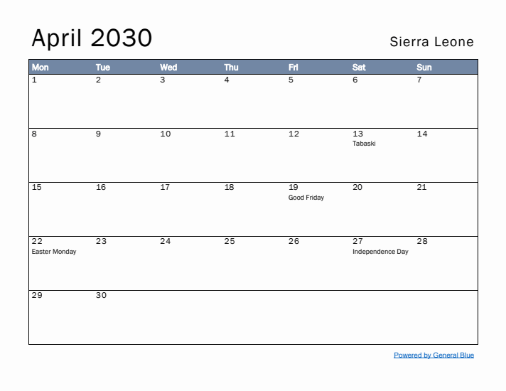 April 2030 Simple Monthly Calendar for Sierra Leone