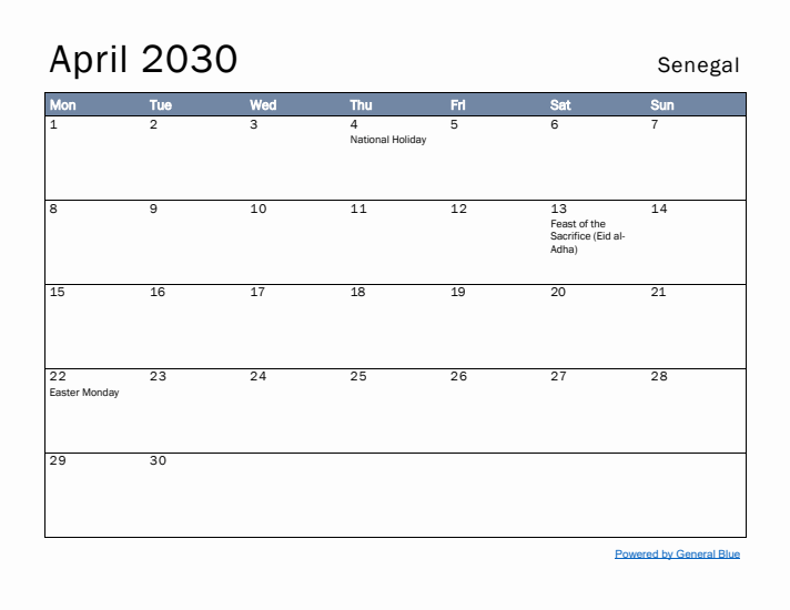 April 2030 Simple Monthly Calendar for Senegal