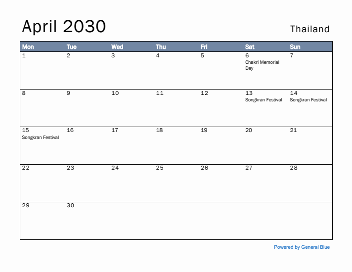 April 2030 Simple Monthly Calendar for Thailand