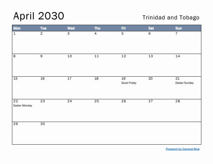 April 2030 Simple Monthly Calendar for Trinidad and Tobago