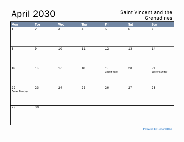 April 2030 Simple Monthly Calendar for Saint Vincent and the Grenadines