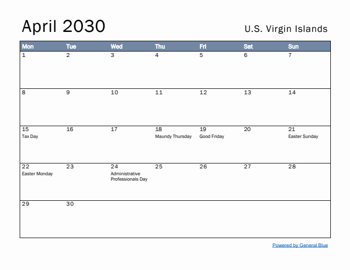 April 2030 Simple Monthly Calendar for U.S. Virgin Islands