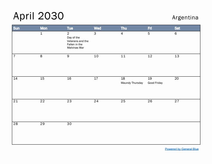 April 2030 Simple Monthly Calendar for Argentina