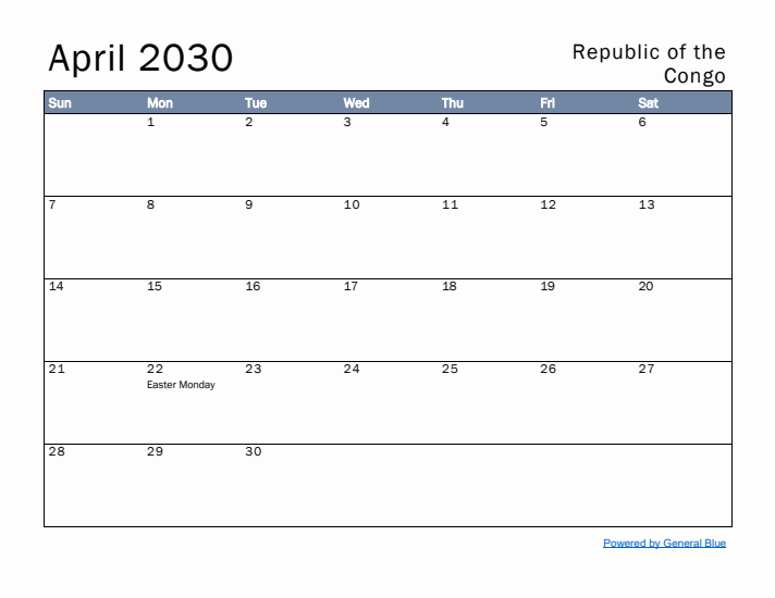 April 2030 Simple Monthly Calendar for Republic of the Congo