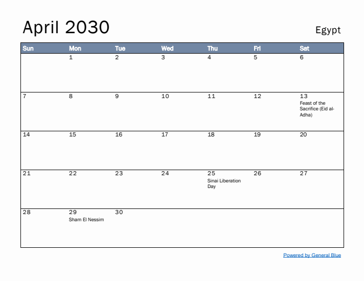 April 2030 Simple Monthly Calendar for Egypt