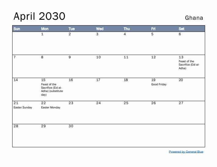 April 2030 Simple Monthly Calendar for Ghana