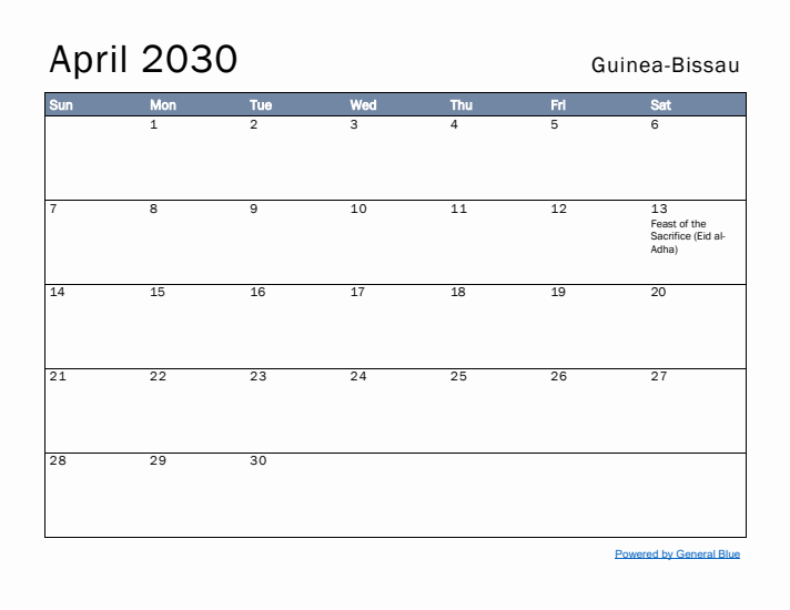 April 2030 Simple Monthly Calendar for Guinea-Bissau