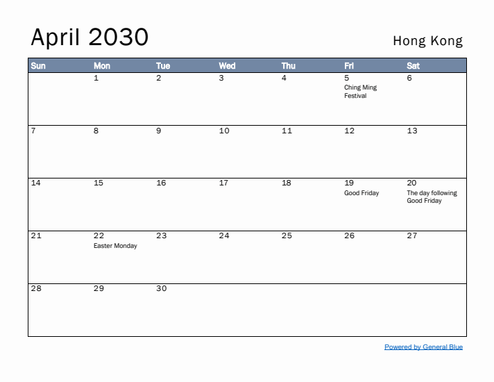 April 2030 Simple Monthly Calendar for Hong Kong