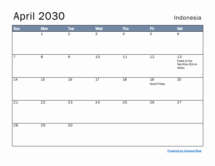 April 2030 Simple Monthly Calendar for Indonesia